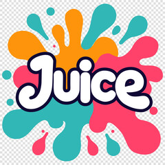Naklejka na meble Bold Juice typography with vibrant yellowm blue, pink splashes surrounding, the white letters outlined in black perfect for beverage branding packaging or advertising eye-catching and energetic design