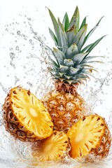 Wall Mural - A vibrant pineapple with splashes of color surrounding it showcases tropical freshness and flavor