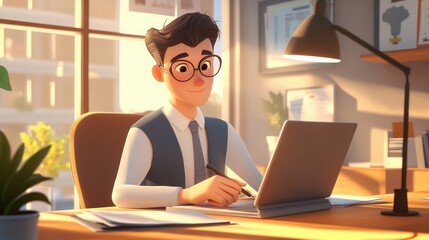 Poster - Professional animated character working in an office setting