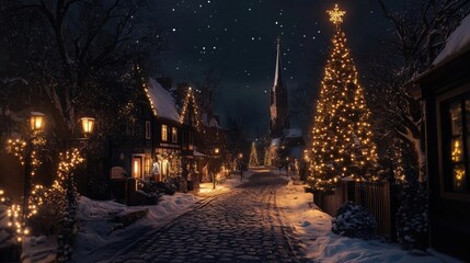 Poster - Quaint winter night scene with Christmas lights, cobblestone streets, and a church steeple