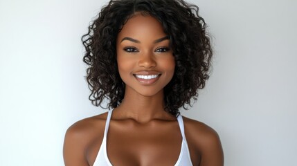 Smiling woman with curly hair poses in a casual outfit against a plain background in bright light