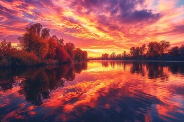 Aufkleber - The sky transforms into a canvas of vivid hues as autumn unfolds, illuminating calm waters with beautiful reflections at sunset. Generative AI