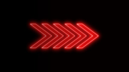 Abstract right direction concept icon neon glowing red color on black background 4k illustration. 