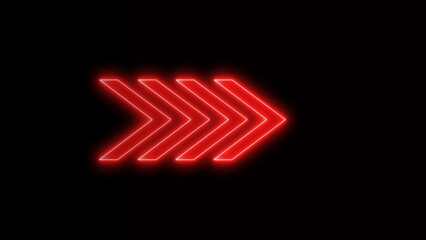 Abstract right direction concept icon neon glowing red color on black background 4k illustration. 