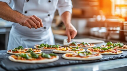 Chef preparing multiple pizzas in a professional kitchen, adding fresh basil and toppings. Culinary expertise and gourmet food preparation concept.