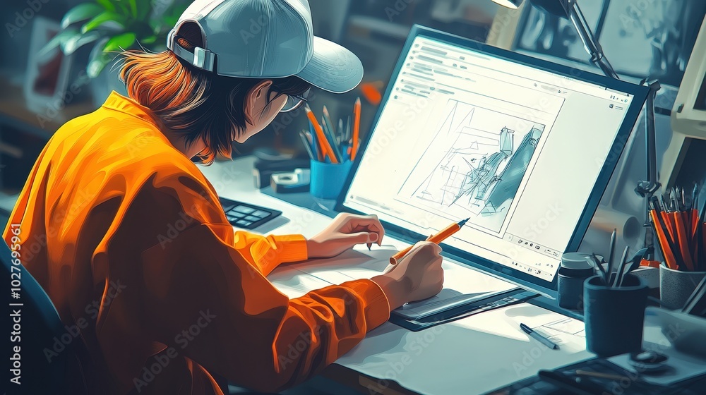 Minimalist Anime Vector Illustration of Man Working on UI UX Design ...