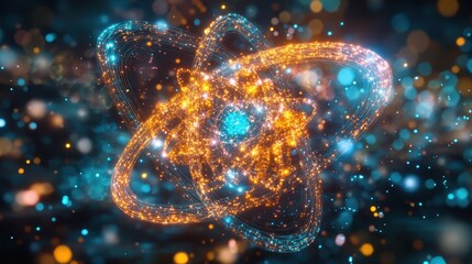 Poster - Glowing 3D Model of Spinning Atom with Particles