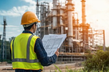 An engineer in a hard hat and safety vest, standing in front of a large construction site, holding blueprints and overseeing the building process