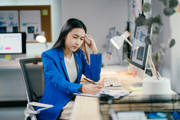 Poster - Young businesswoman is sitting at her desk and touching her head with a worried expression, seemingly having trouble understanding a financial report