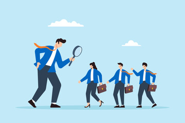 Poster - flat illustration of businessman analyzes employee or job candidates for recruitment evaluating perf