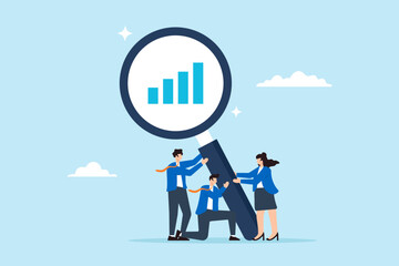 Wall Mural - Flat illustration of business people hold magnifying glasses analyzing data charts for marketing optimization