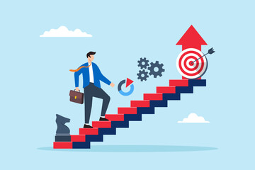 Poster - Flat illustration of businessman walks up strategy stairs developing plan for business improvement