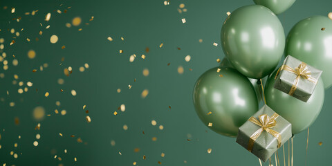 Wall Mural - Green gold foil balloons with gold flying confetti and presents on vibrant modern background. Happy birthday greeting card with copy space.