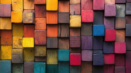 Poster - Abstract geometric rainbow-colored cubes on a wooden texture wall