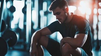 Poster - Tired athlete taking a break after a gym workout, sitting in a thoughtful pose surrounded by fitness equipment