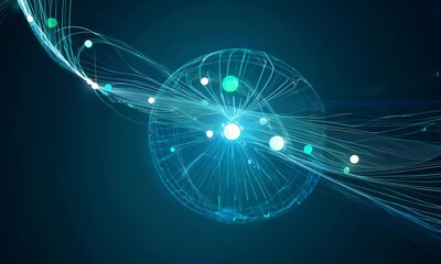 Poster - Abstract futuristic design with glowing sphere and network lines.