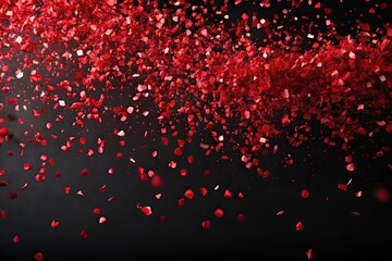 Wall Mural - depth of field, confetti, scattering, black, space, background, sand, Red confetti sand falling and scattering on a black space background with a depth of field