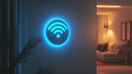 Poster - A wireless router with glowing blue WiFi symbol on a wall in a modern room setting