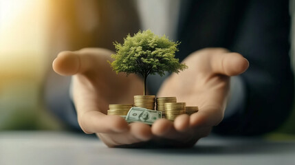 A businessman holding a coin with a tree that grows and a tree that grows on a pile of money, The idea of maximizing the profit from the business investment