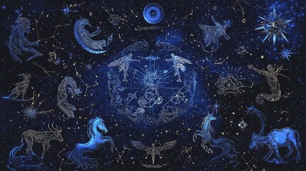 Twelve Zodiac Signs with Celestial Background