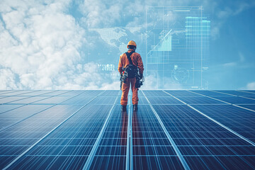 Poster - A man in an orange jumpsuit stands on a solar panel