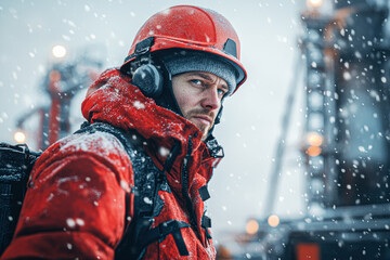 Sticker - A man in a red jacket and a red helmet stands in the snow