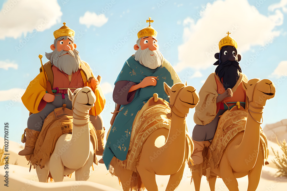 Illustration of the three wise men riding their camels in the desert on ...