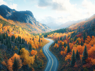 Poster - A winding road with trees on both sides and a mountain in the background