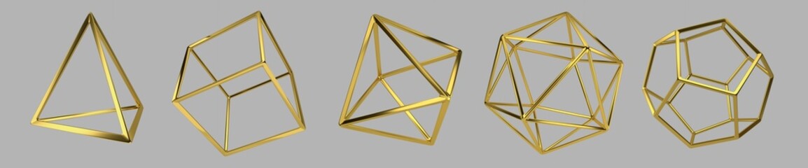 Poster - Set of Golden Platonic solids isolated on a gray background. Dodecahedron, icosahedron, tetrahedron, octahedron, hexahedron. Modern background with geometric shape of the Platonic solids.