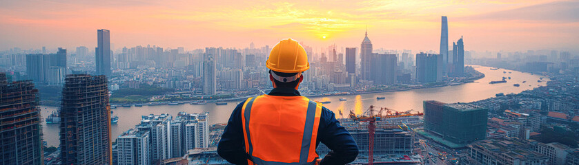 Poster - Urban Engineer in Safety Gear Overlooking City Skyline and River at Sunset for Construction and Urban Planning Concept