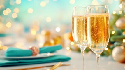 Two Champagne Glass on Festive Table Setting with Golden Lights, Celebrating Christmas, Anniversary, or New Year.