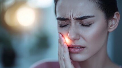 Wall Mural - Young woman with her eyes closed, touching her cheek in pain from a toothache, emphasizing dental health importance