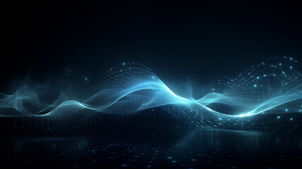 Poster - Abstract tech background in the form of blue waves, consisting of a large number of digital connection lines. Bright neon and vibrating networks and neural connections
