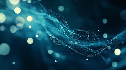 Poster - Abstract tech background in the form of blue waves, consisting of a large number of digital connection lines. Bright neon and vibrating networks and neural connections