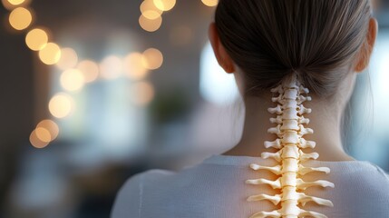 Poster - Woman with visible spine highlights back pain from bad posture or injury, emphasizing importance of proper posture and seeking medical care