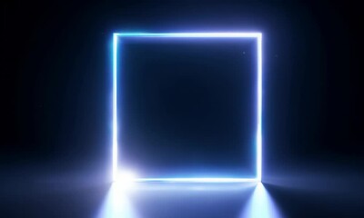 Poster - Glowing blue neon frame in dark room for creative inspiration.