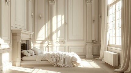 Wall Mural - Luxury classic bedroom interior with white walls, moldings, classic furniture and window.