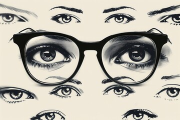 Poster - A pair of eyeglasses sits prominently against a minimalist design featuring various stylized eyes, creating a striking visual appeal. Generative AI