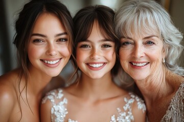 Three generations of women, a grandmother, mother, and daughter,  smile at the camera. The daughter is in a wedding dress and the other women are dressed casually.