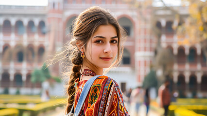 A portrait of a young woman in a vibrant, traditional dress, standing outdoors with a historical building in the background.