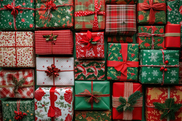 Poster - Many presents wrapped in red and green wrapping under a glowing Christmas tree, creating a festive and joyful atmosphere.