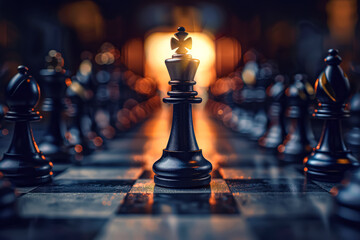 Wall Mural - Black chess piece is in the middle of a chess board. The piece is surrounded by other pieces, but it is the only one that is lit up. Concept of importance and focus on the single piece