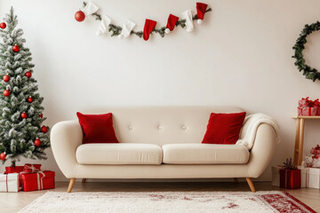 Christmas living room with white sofa and red pillows, adorned with twinkling lights and a festive tree, creating a cozy holiday ambiance.