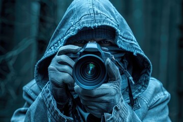 Hooded Figure Holding a Camera in a Gloomy Setting