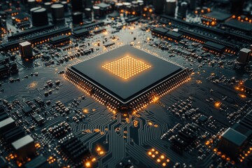 Poster - illuminated microchip on a circuit board