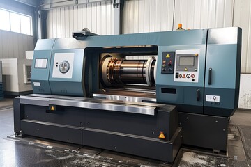 Poster - Industrial Machine with a Metal Cylinder in a Factory Setting