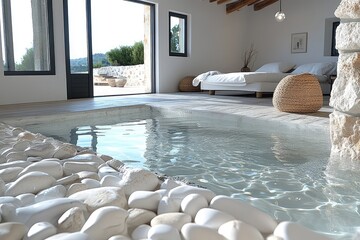 Poster - indoor pool with white pebbles and a view of a green landscape
