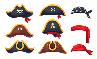 pirate corsair or sailor bandana and captain tricorn hats. cartoon carnival costume hats with piracy