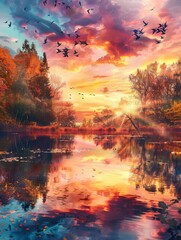 Sticker - Golden and crimson hues light up the sky as the sun sets, casting brilliant reflections in the calm lake surrounded by autumn foliage. Generative AI