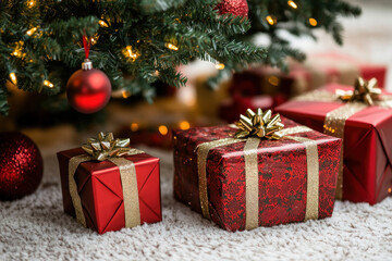 Christmas presents under the tree beside a cozy fireplace, capturing the festive and warm holiday atmosphere.